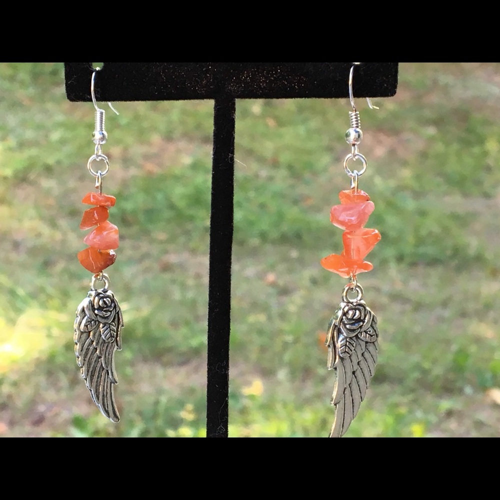 Red Fire Agate Silver Angel Wing Dangle Earrings - Picture 4 of 8